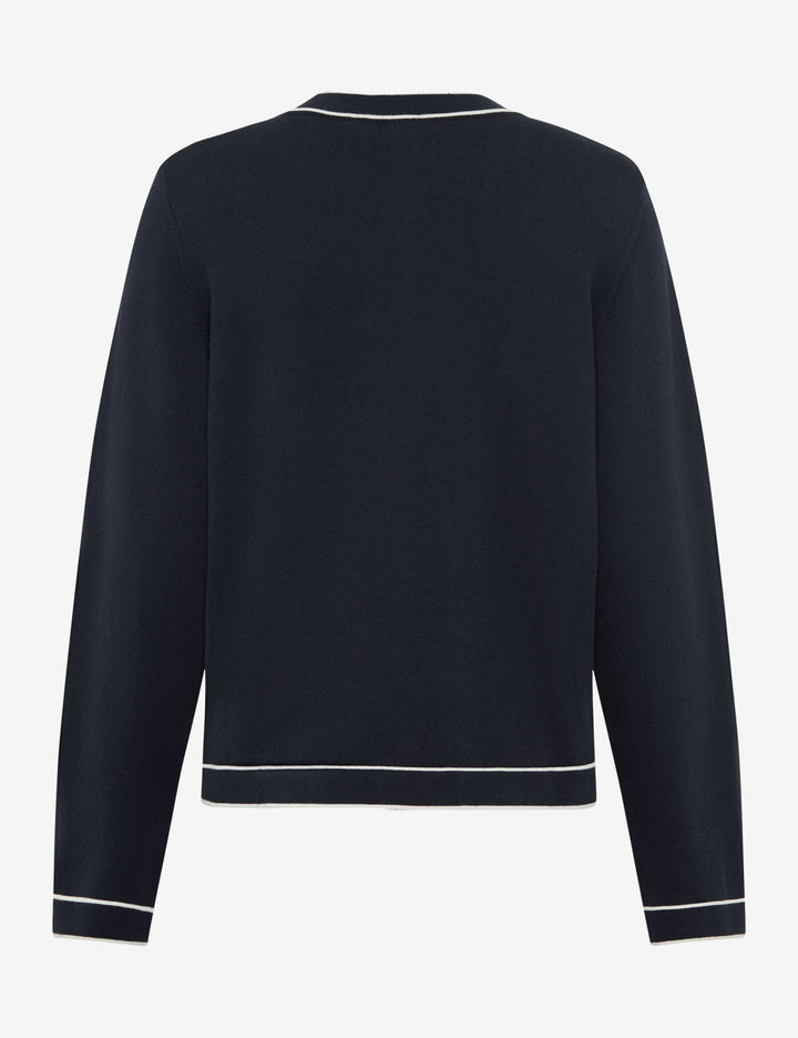 Vue arrière du Cardigan boutonné à col contrasté ANN avec finitions contrastées, idéal pour un look élégant et polyvalent.