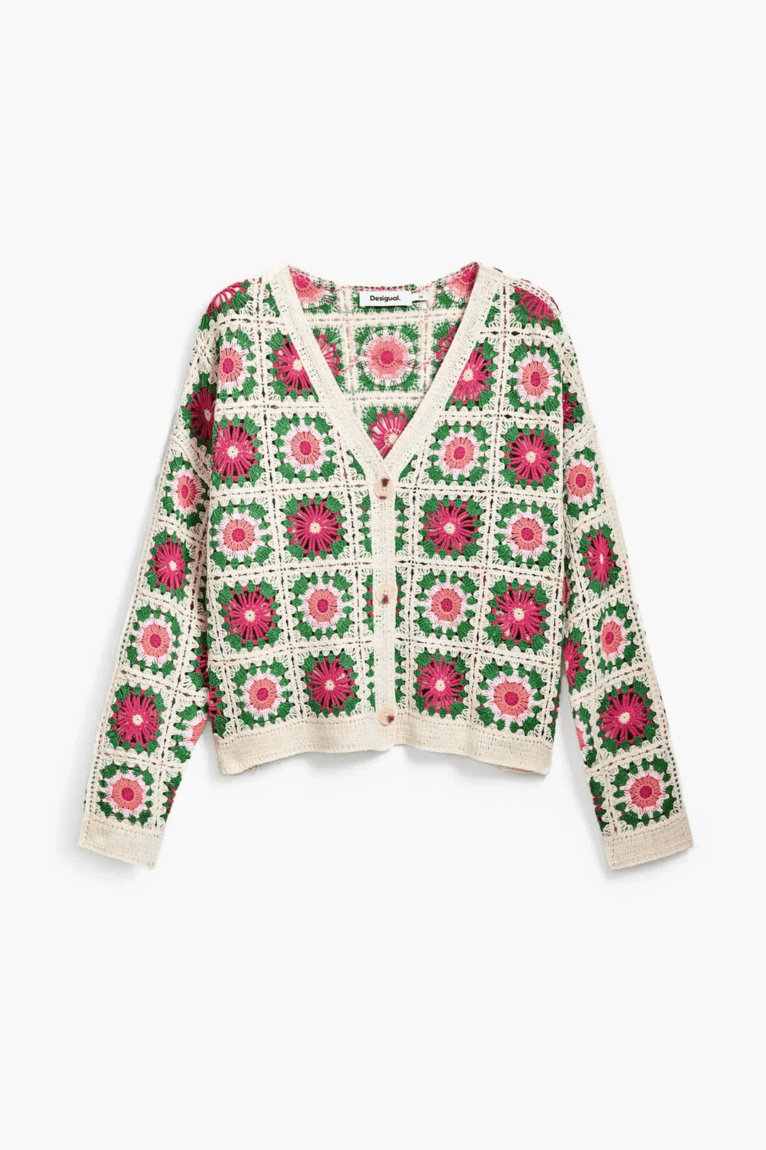 Cardigan en crochet fait main avec motif floral coloré et col en V, parfait pour un look bohème.