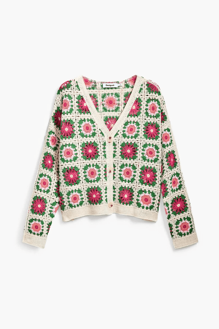 Cardigan en crochet fait main avec motif floral coloré et col en V, parfait pour un look bohème.