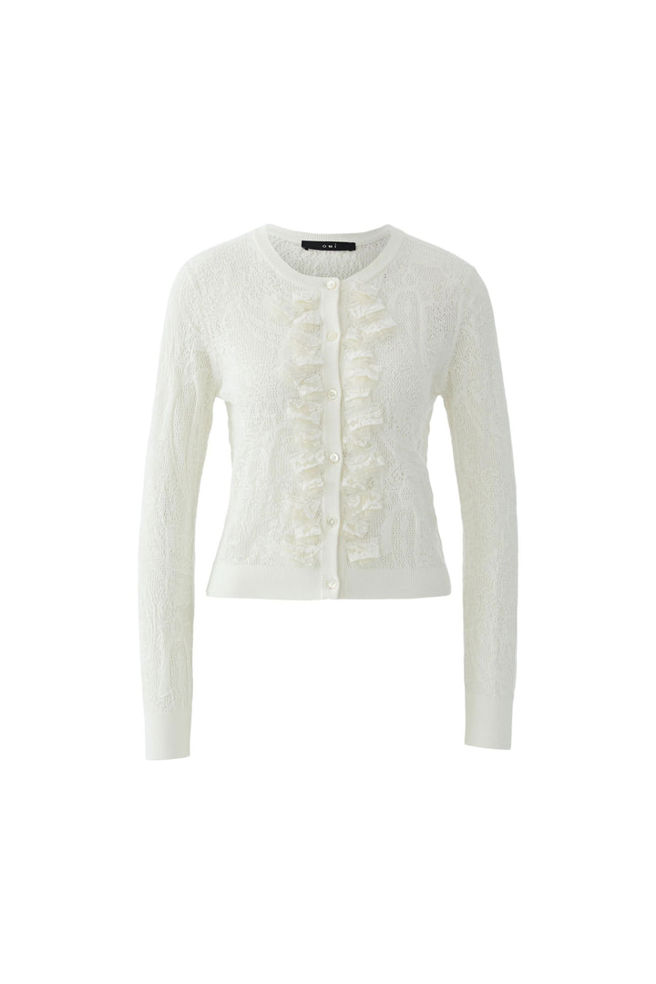 Cardigan en maille ajourée à volants avec fermeture boutonnée et volants décoratifs, élégant et féminin, couleur blanche.
