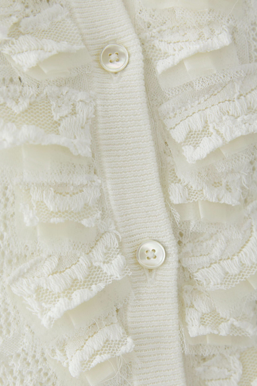 Cardigan en maille ajourée à volants avec boutons blancs et motifs texturés, détails de volants délicats.