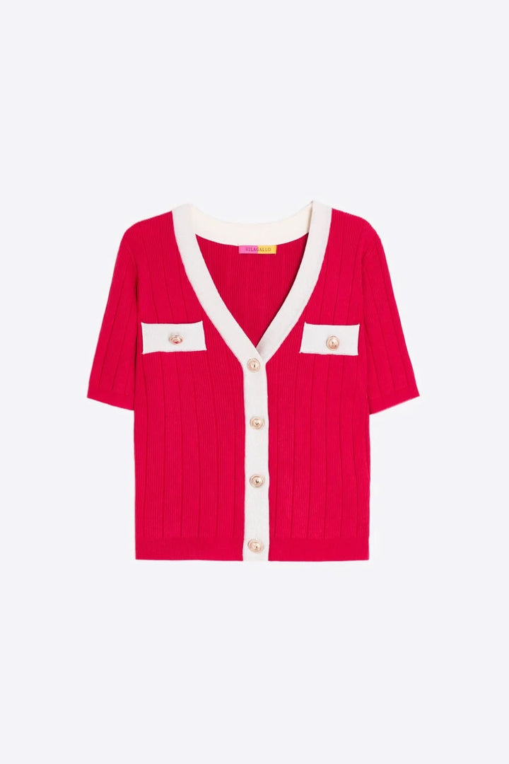 Cardigan en maille à manches courtes rouge avec détails contrastants