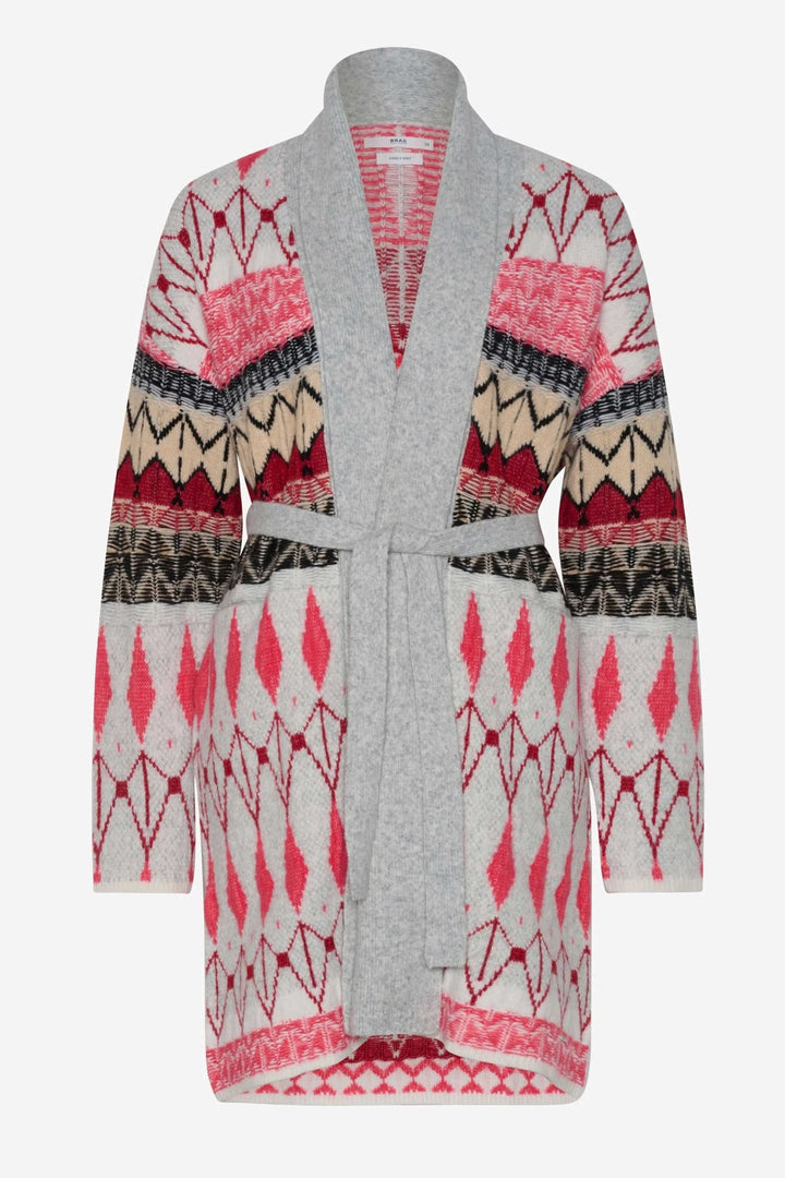 Cardigan long Amanda en tricot avec motifs géométriques, poches et ceinture, idéal pour un look hivernal original.
