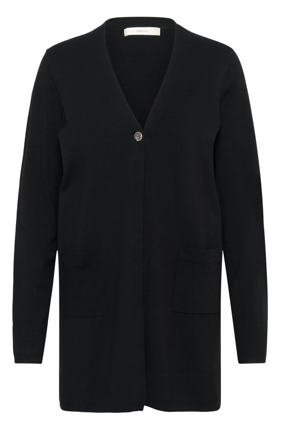 Cardigan long boutonné Miko noir avec col V et fermeture à un bouton, idéal pour un look professionnel ou décontracté.
