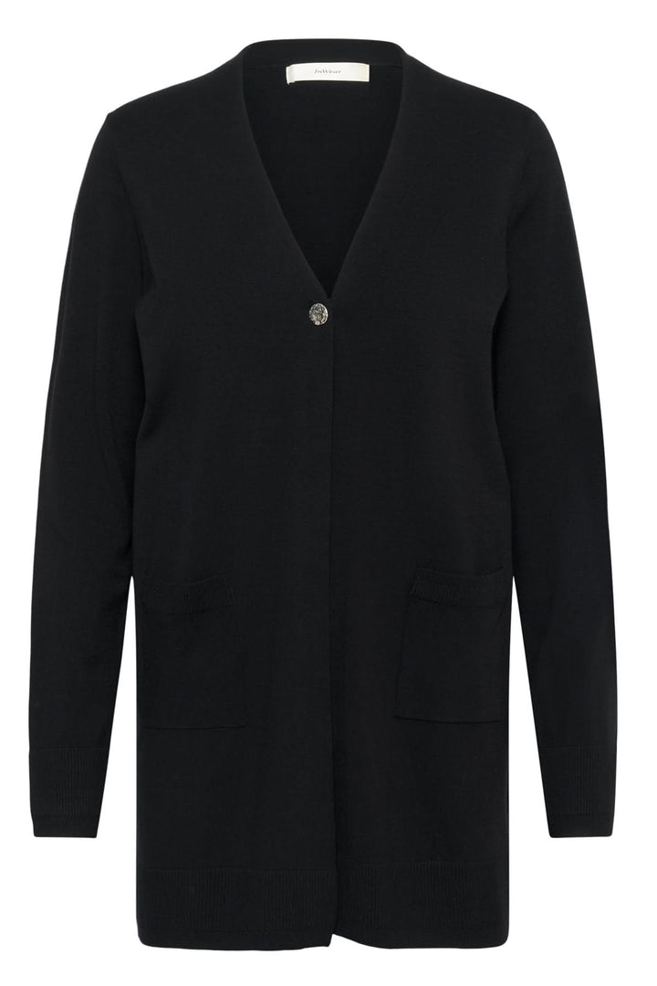 Cardigan long boutonné Miko noir avec col V et fermeture à un bouton, idéal pour un look professionnel ou décontracté.