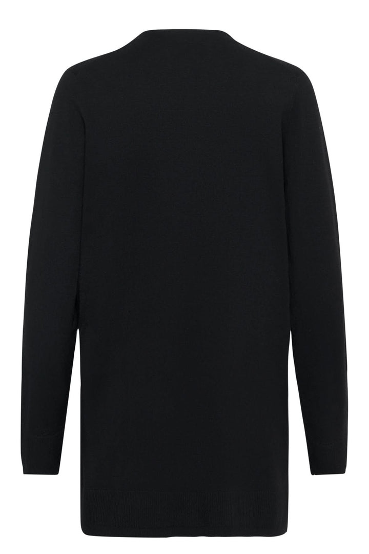 Vue arrière du Cardigan long boutonné Miko en noir, montrant sa coupe droite et allongée, parfait pour un style quotidien épuré.