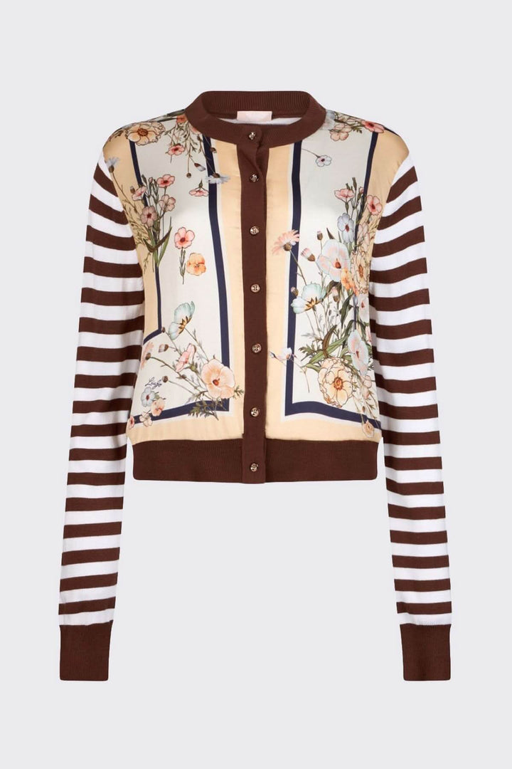 Cardigan à manches longues avec motifs contrastés, rayures et motifs floraux pour un look moderne et élégant.