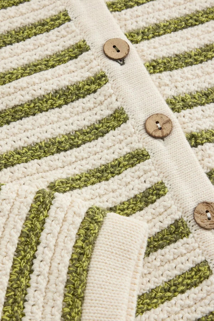 Cardigan rayé boutonné avec maille texturée et fermeture boutonnée, idéal pour superpositions, encolure ronde et manches longues.