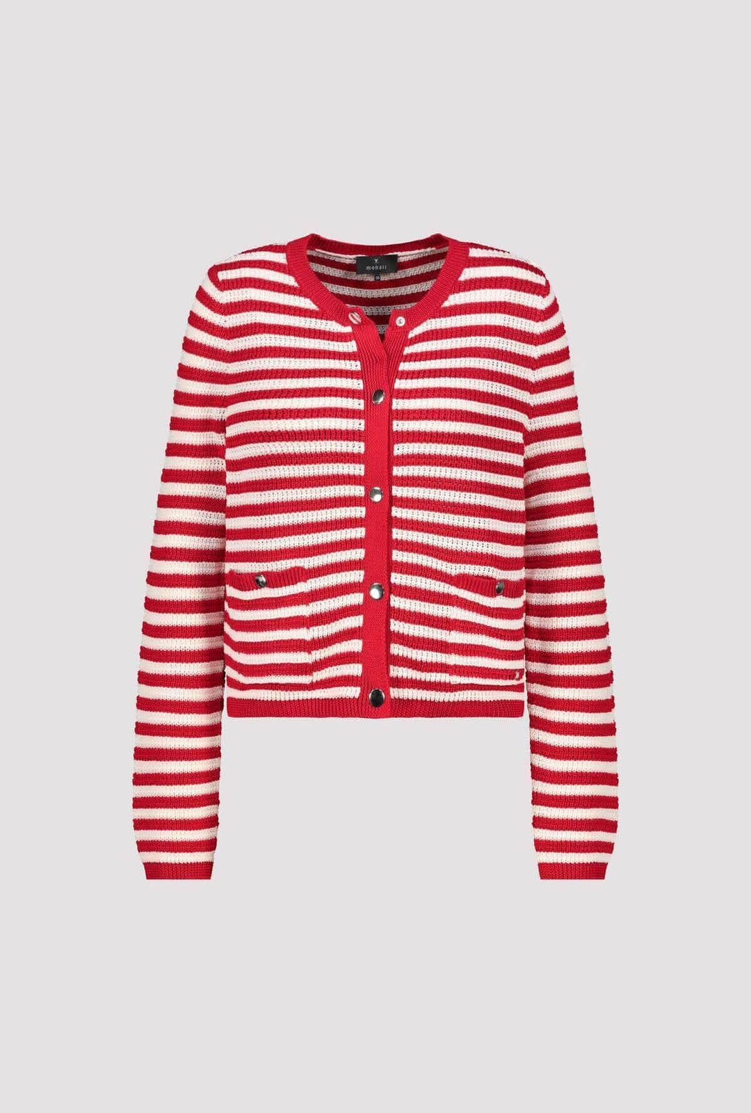 Cardigan rayé boutonné en maille rayée, détail coupe droite et encolure arrondie pour un style décontracté et structuré.