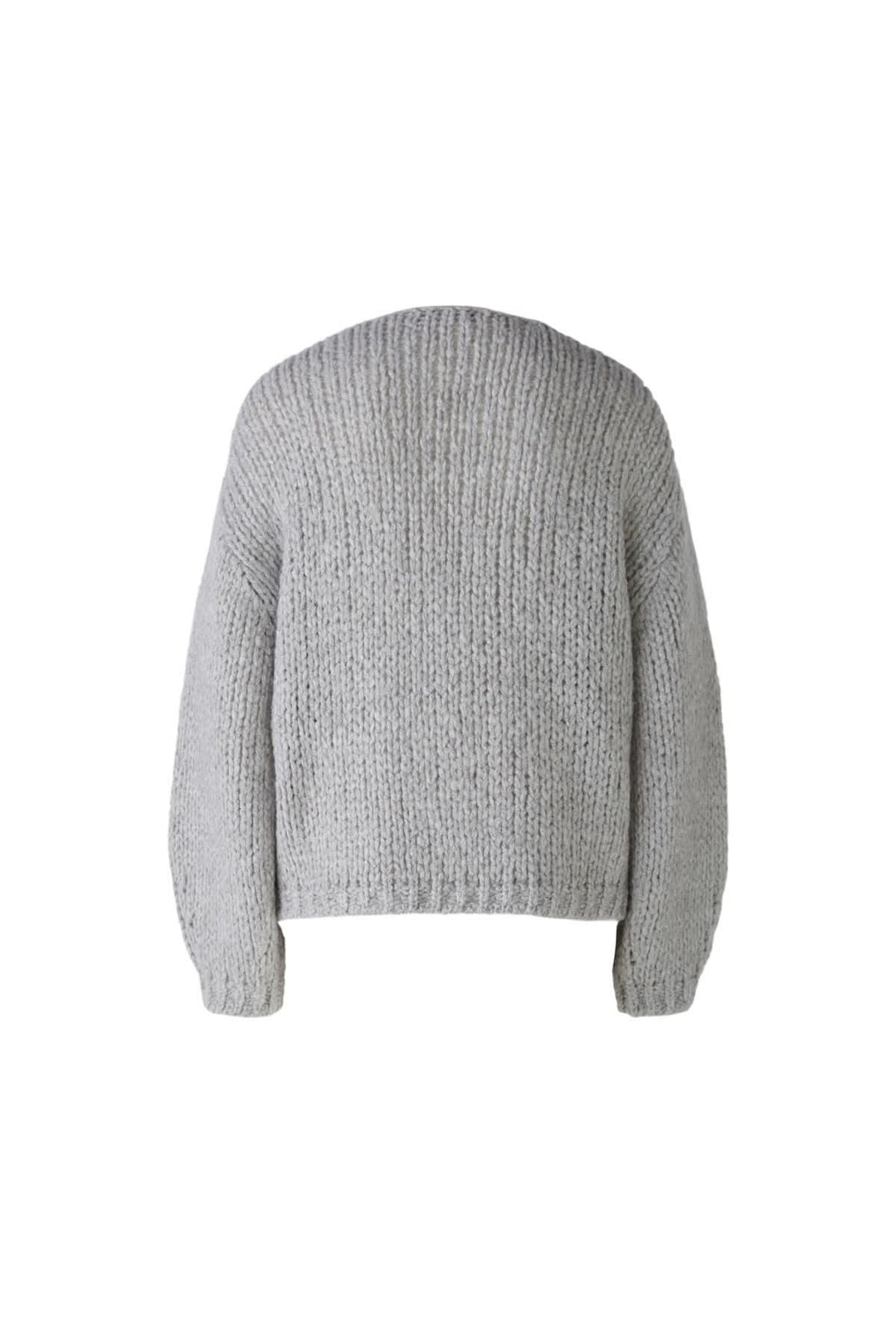 Cardigan sans bouton gris, dos, encolure en V, manches longues, tricot fait main, style décontracté.