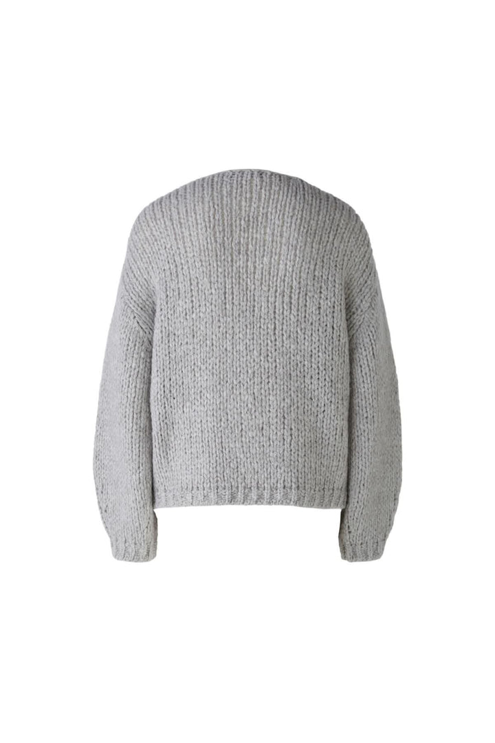 Cardigan sans bouton gris, dos, encolure en V, manches longues, tricot fait main, style décontracté.