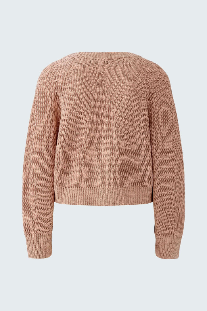 Cardigan tricoté en maille rose vue arrière, coupe courte et droite avec encolure en V et fermeture boutonnée élégante.