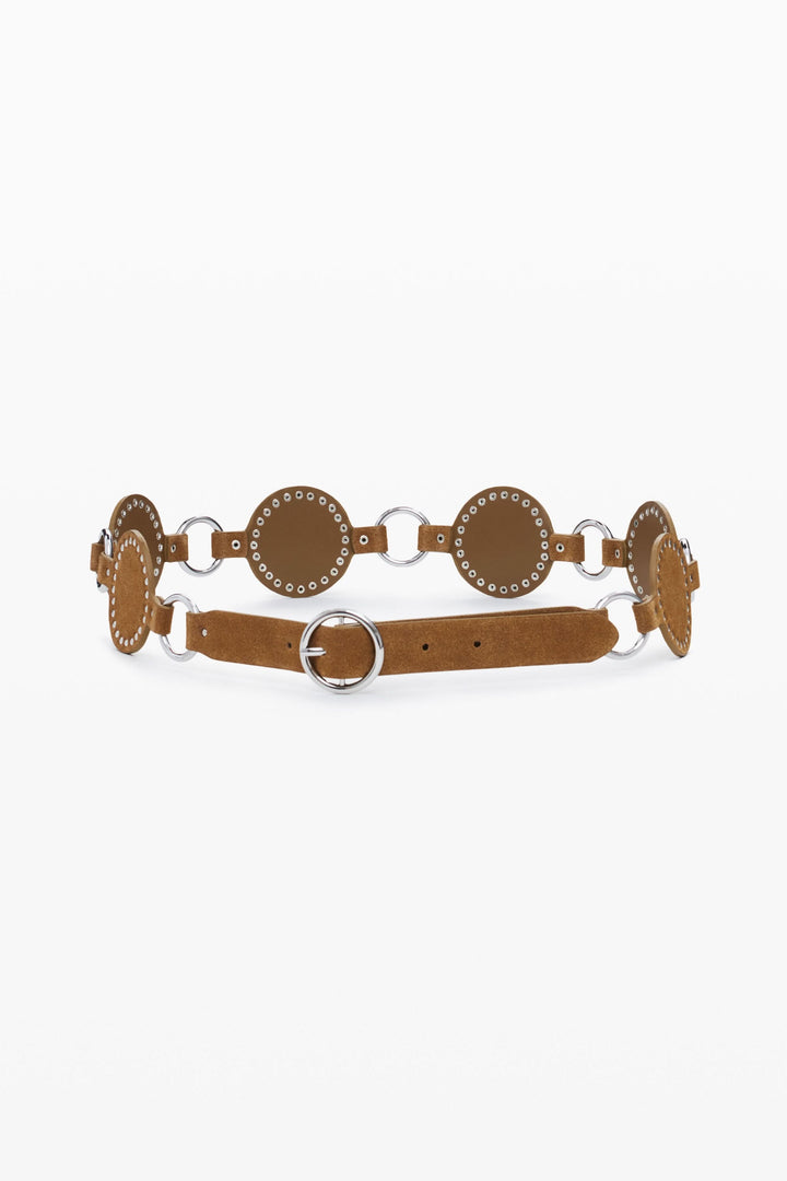 Ceinture en cuir à pastilles et anneaux métalliques, design moderne, texture unique, structure élégante, pour rehausser une tenue.