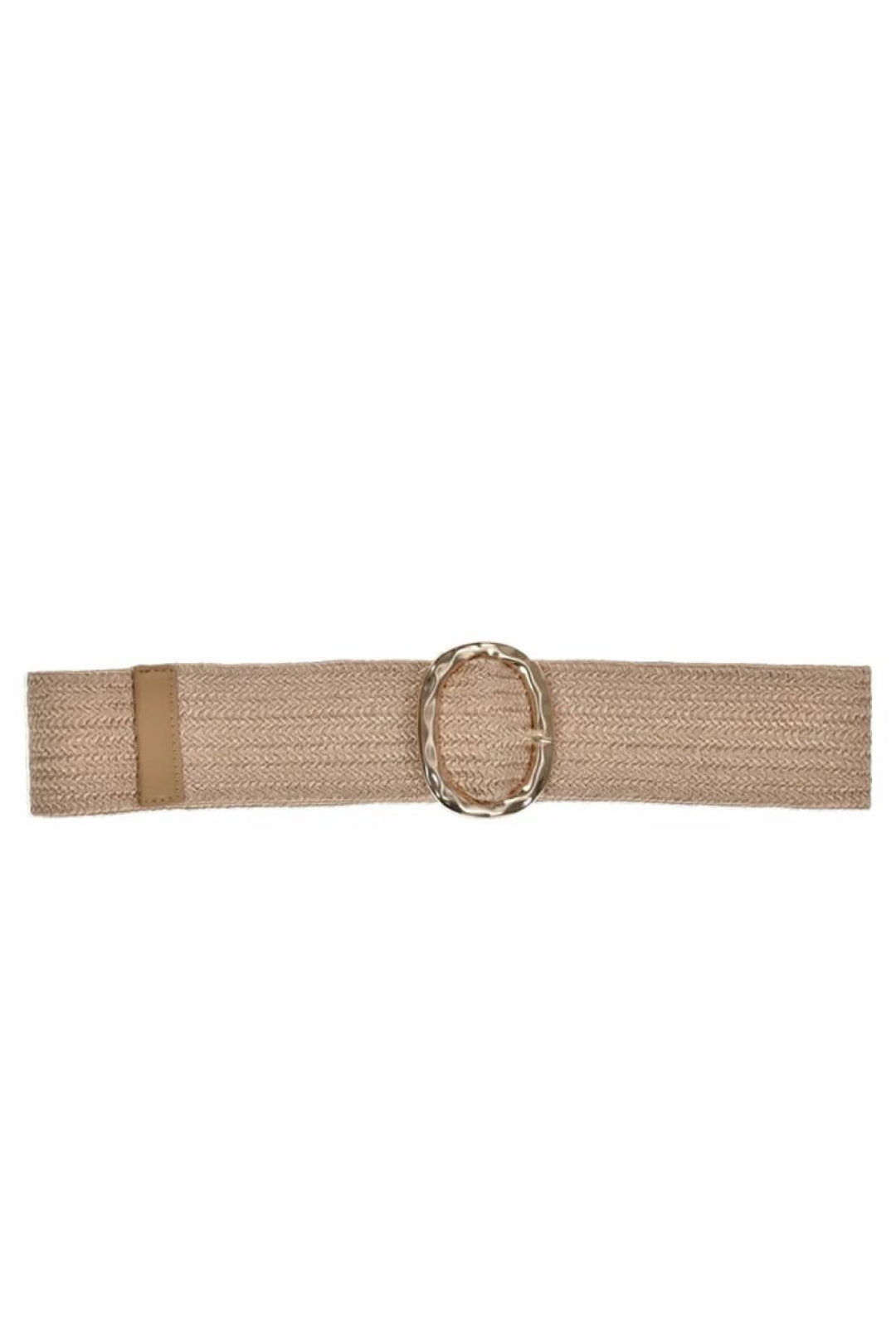 Ceinture large élastique beige avec boucle ovale dorée, idéale pour jupes, robes, jeans et pantalons.