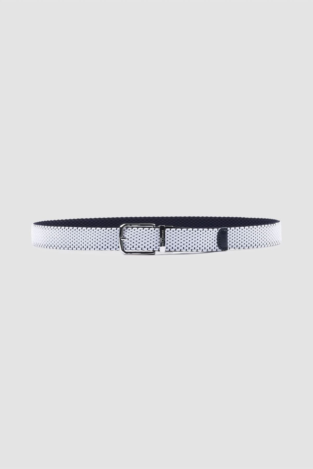 Ceinture élastique réversible avec finitions en cuir, ceinture tressée extensible élégante avec boucle métallique, noir et blanc.