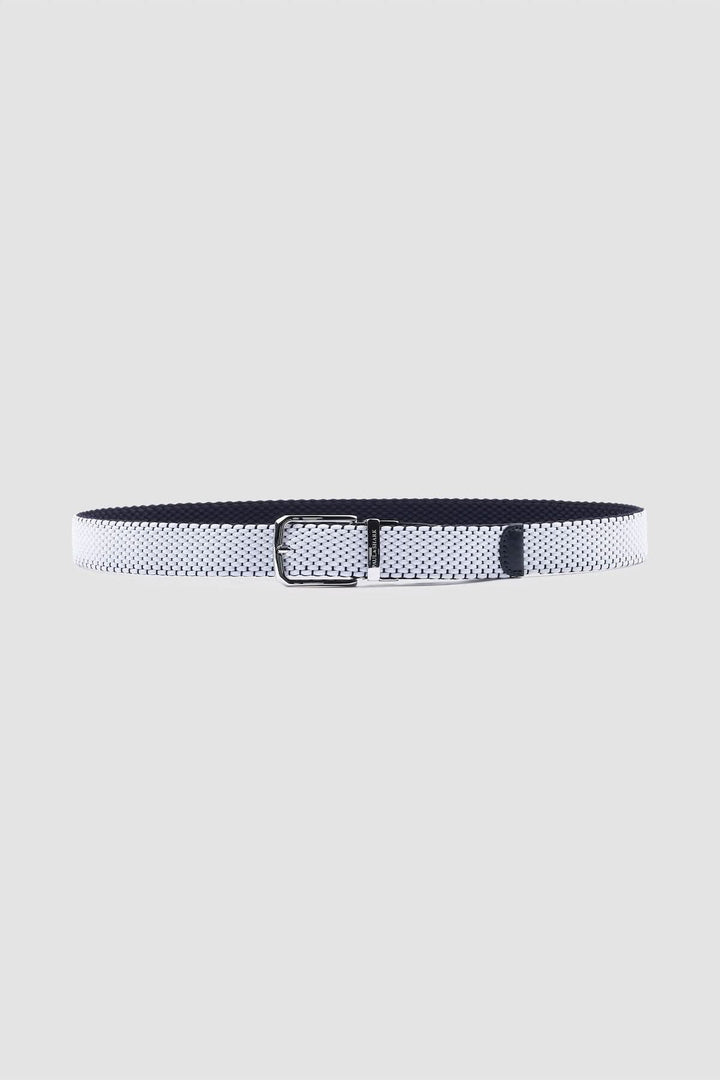 Ceinture élastique réversible avec finitions en cuir, ceinture tressée extensible élégante avec boucle métallique, noir et blanc.
