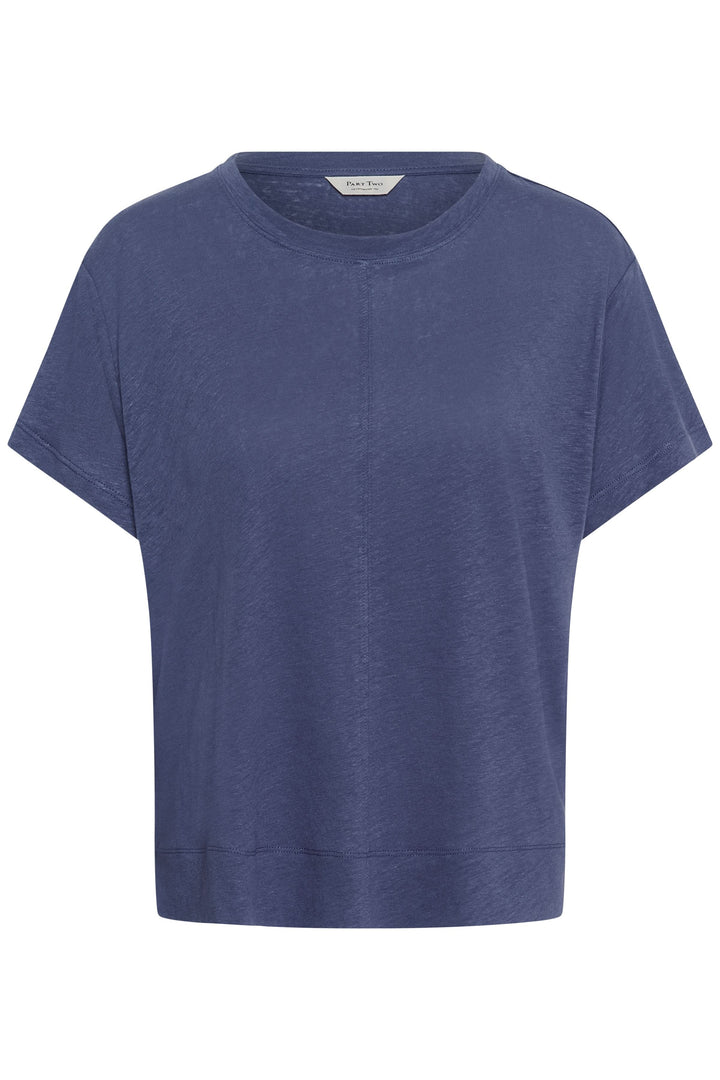 Chandail Anemona bleu à manches courtes et encolure ronde, style minimaliste et contemporain pour un look polyvalent et moderne.