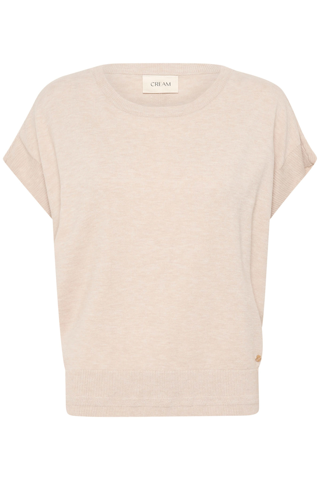 Chandail Dela beige sans manches au style décontracté, en maille légère et fluide, avec encolure dégagée.