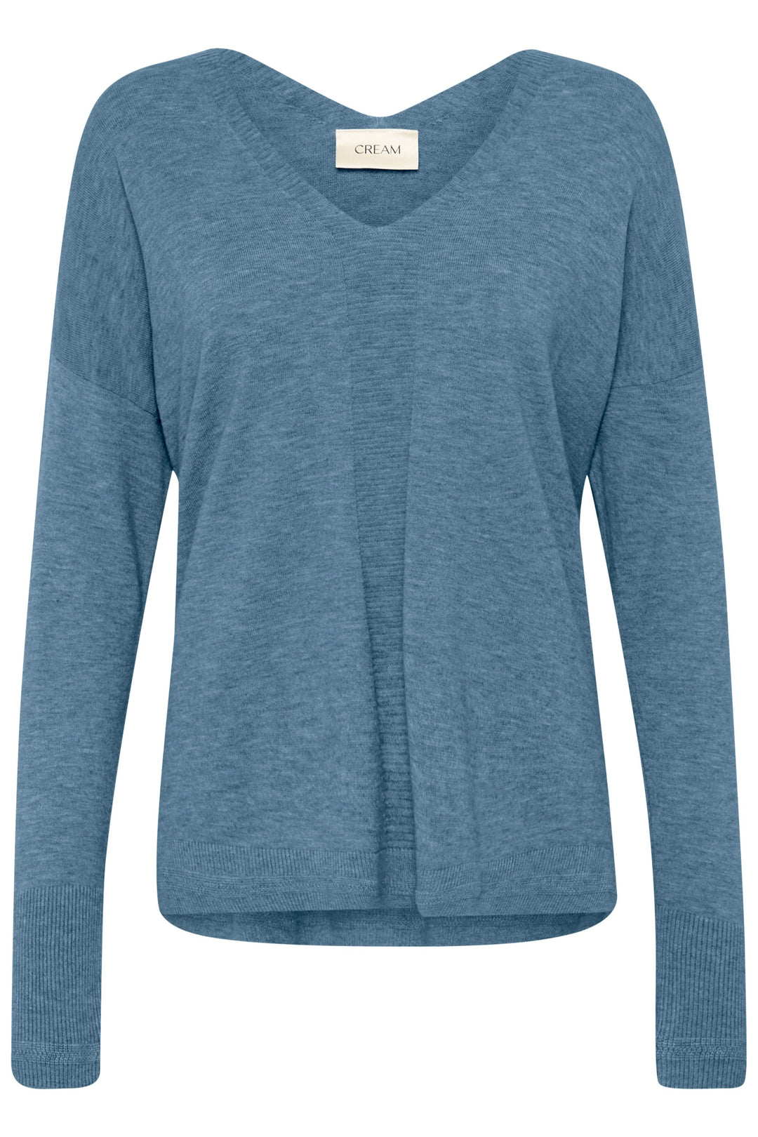 Chandail Dela bleu, col en V, style décontracté avec coupe ample et finitions côtelées, parfait pour les journées fraîches.