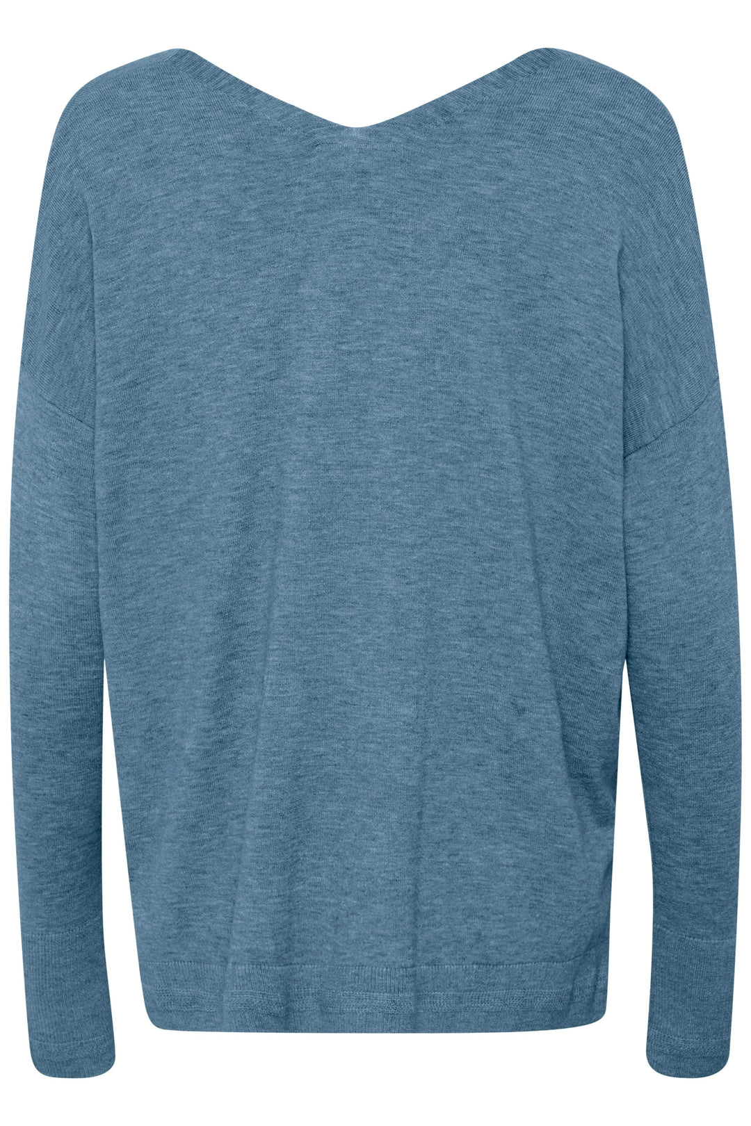 Chandail Dela en bleu, col en V, coupe décontractée avec épaules tombantes, vue arrière.