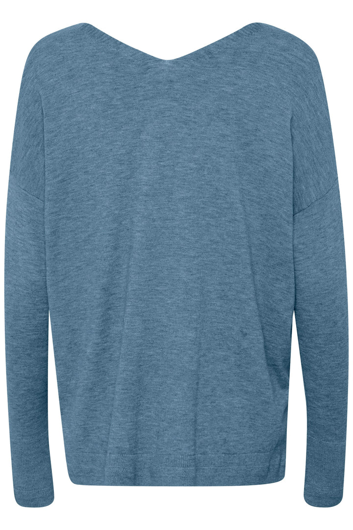 Chandail Dela en bleu, col en V, coupe décontractée avec épaules tombantes, vue arrière.