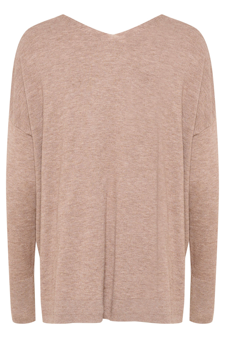 Chandail Dela beige à col en V, style décontracté, coupe ample et douce, idéal pour les journées fraîches.