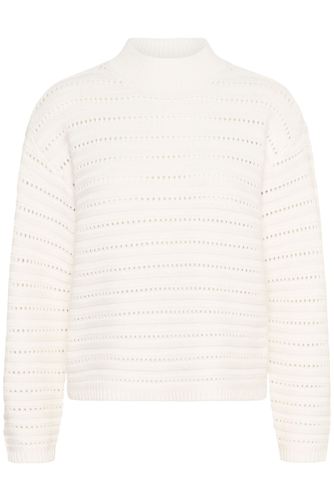 Chandail Dolly en tricot ajouré avec motifs subtils, col montant et manches longues élégantes. Style moderne et raffiné.