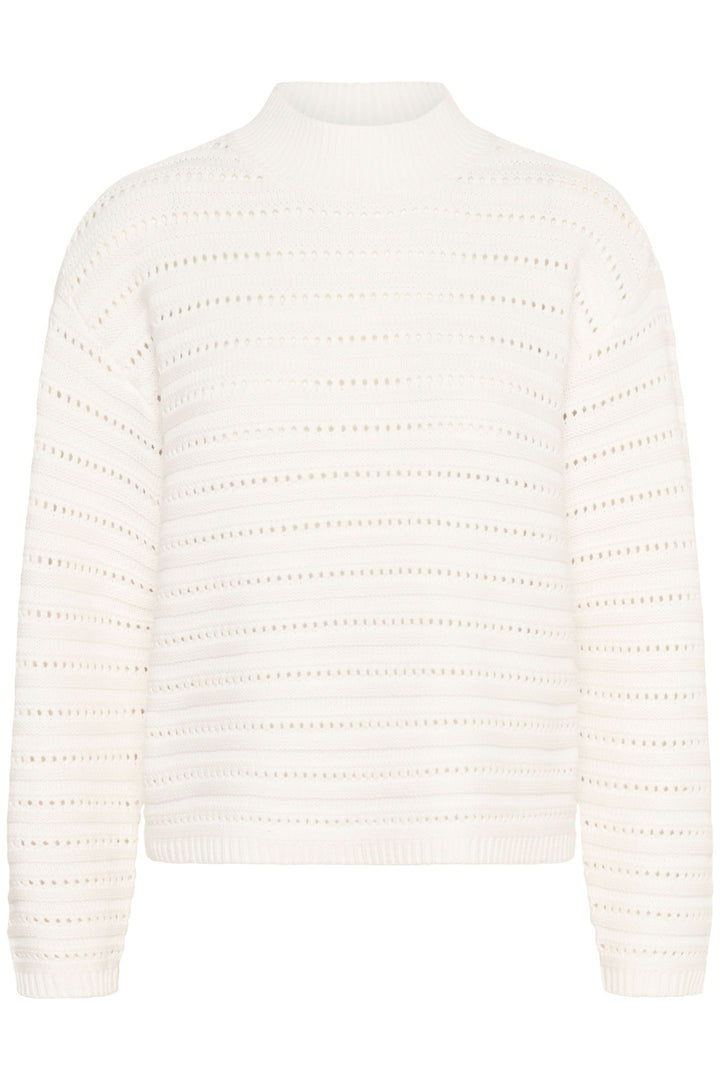 Chandail Dolly en tricot ajouré avec motifs subtils, col montant et manches longues élégantes. Style moderne et raffiné.