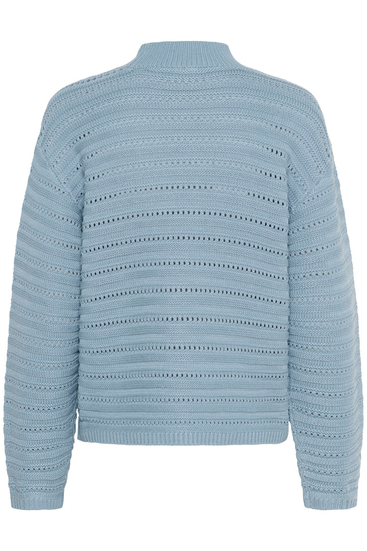 Chandail Dolly en tricot ajouré avec motif horizontal, col montant côtelé et manches longues. Style polyvalent et moderne.