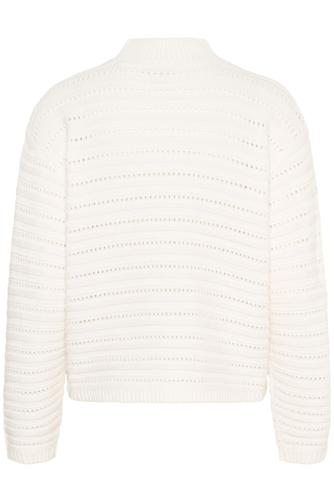 Chandail Dolly en tricot ajouré blanc avec col montant côtelé et manches longues, motif horizontal élégant.