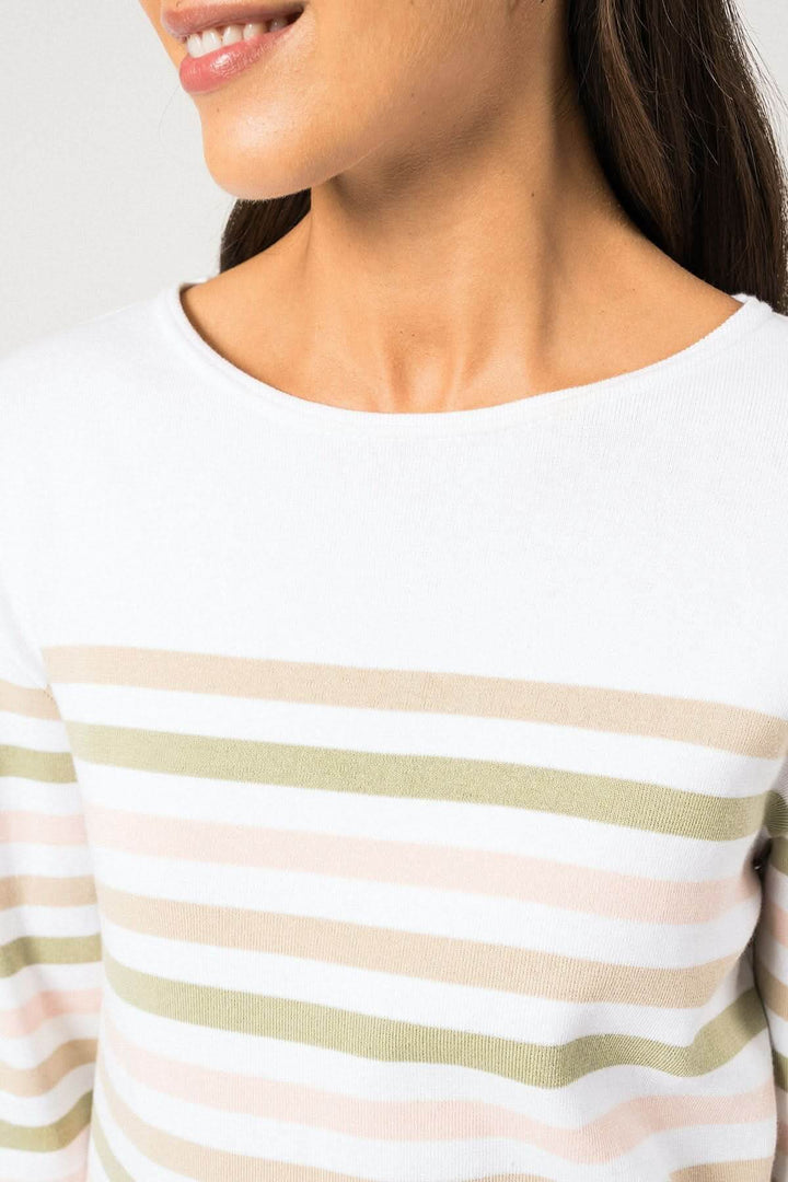 Close-up of a woman wearing a striped lightweight cotton Ecrins sweater with a round neck and long sleeves.