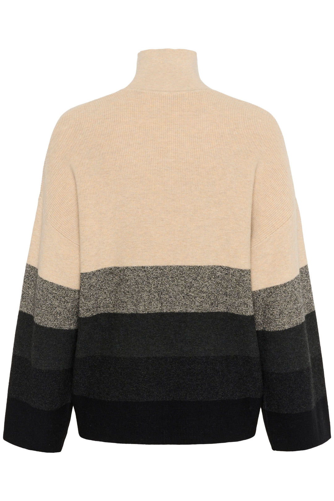 Chandail Gittel à col montant avec larges rayures horizontales en beige, gris et noir, coupe ample et décontractée.