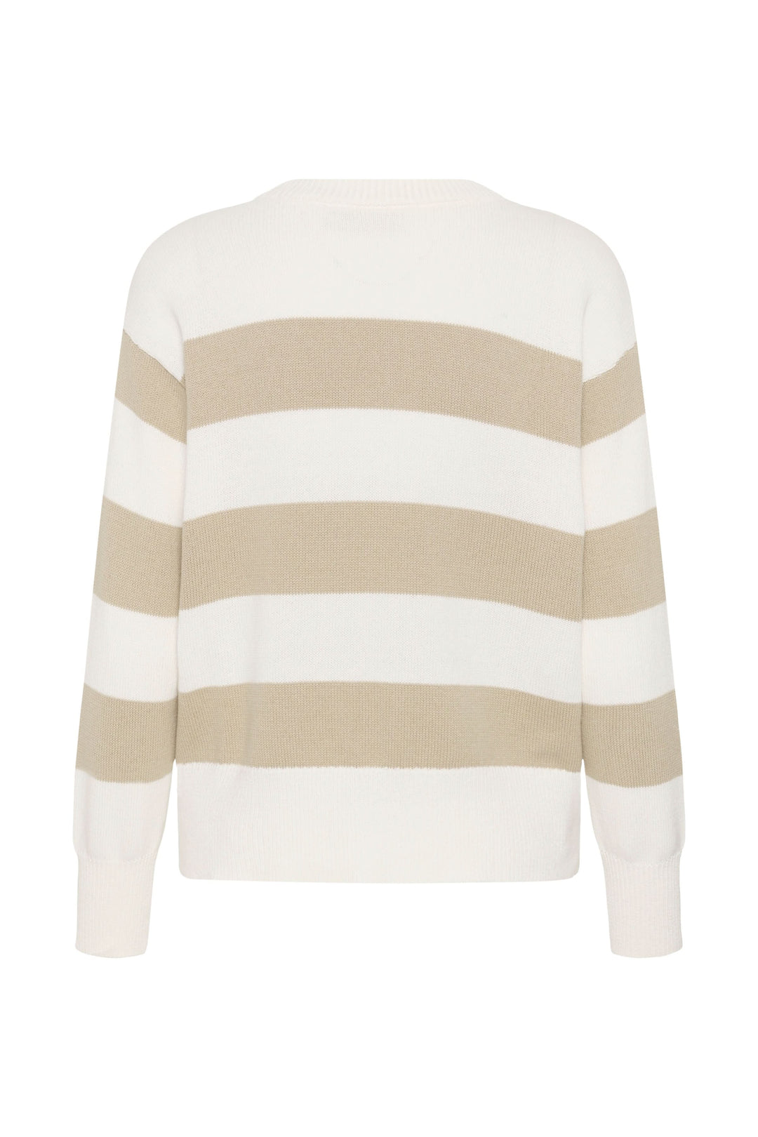 Chandail Harriet en tricot à rayures horizontales beige et blanc, confortable avec encolure ronde et manches longues.