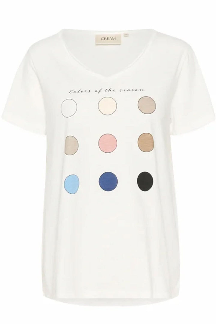 T-shirt blanc à col en V avec imprimé graphique multicolore "Colors of the season".