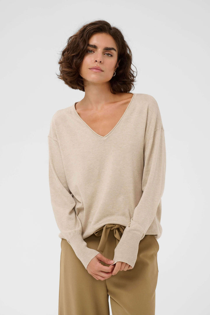 Chandail Lizza à encolure en V, coupe ample, manches longues pour un style décontracté et élégant au quotidien.