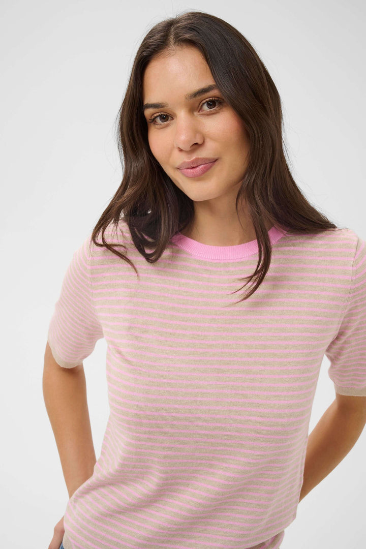 Chandail Lizza à rayures fines, manches courtes et encolure ronde, porté par une femme, style décontracté et confortable.