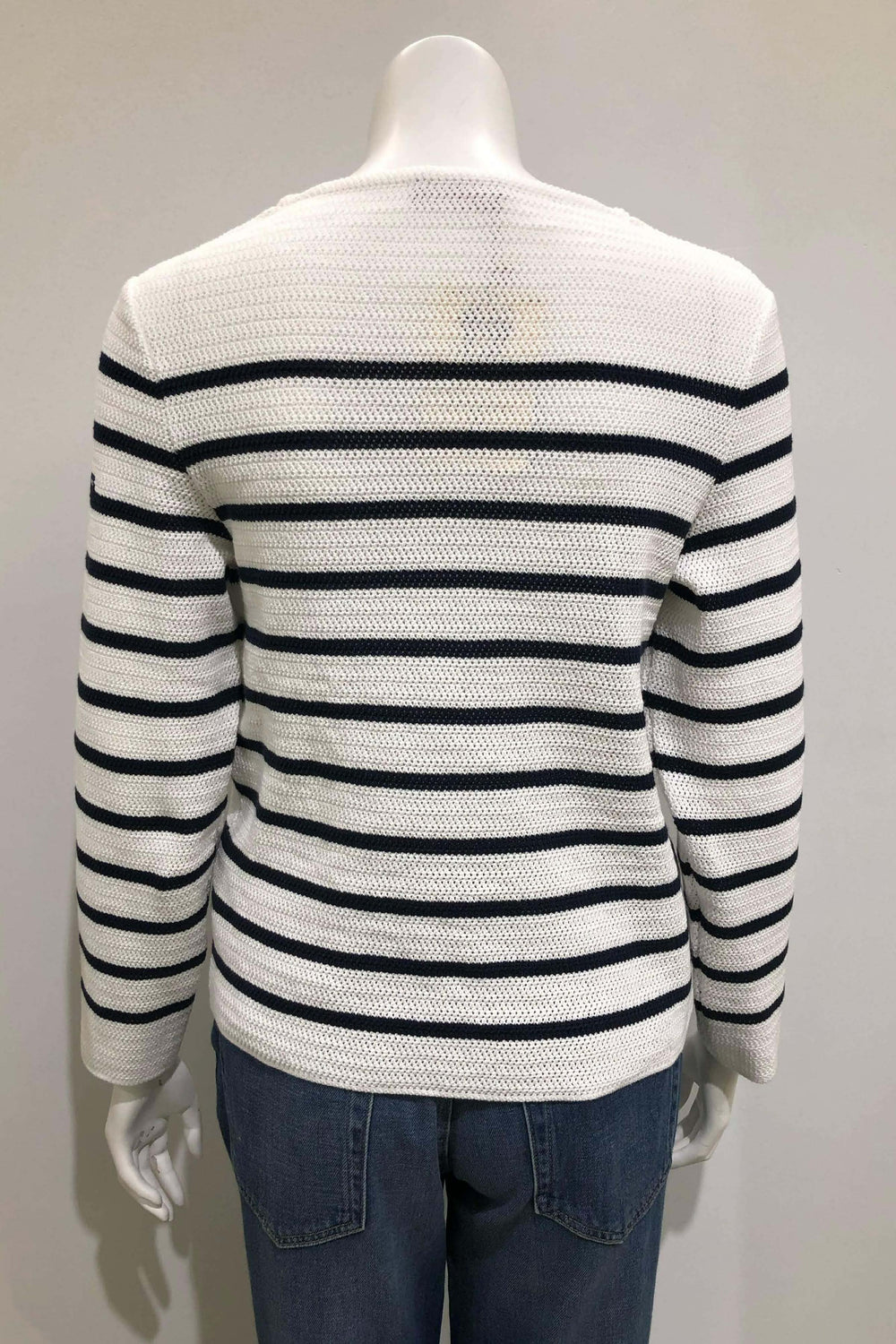 Chandail Martigues en maille rayée, coupe droite, vue de dos, encolure ronde, manches longues, finition soignée