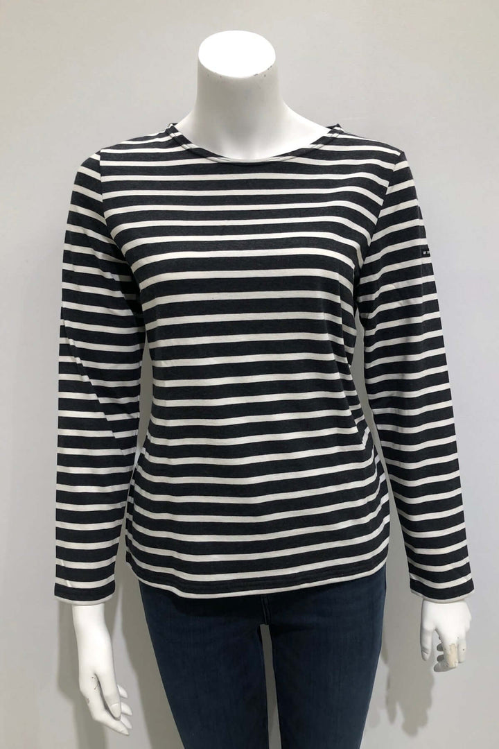 Chandail Minquidame à rayures marines, manches longues et encolure bateau, en coton doux, parfait pour un style casual-chic.