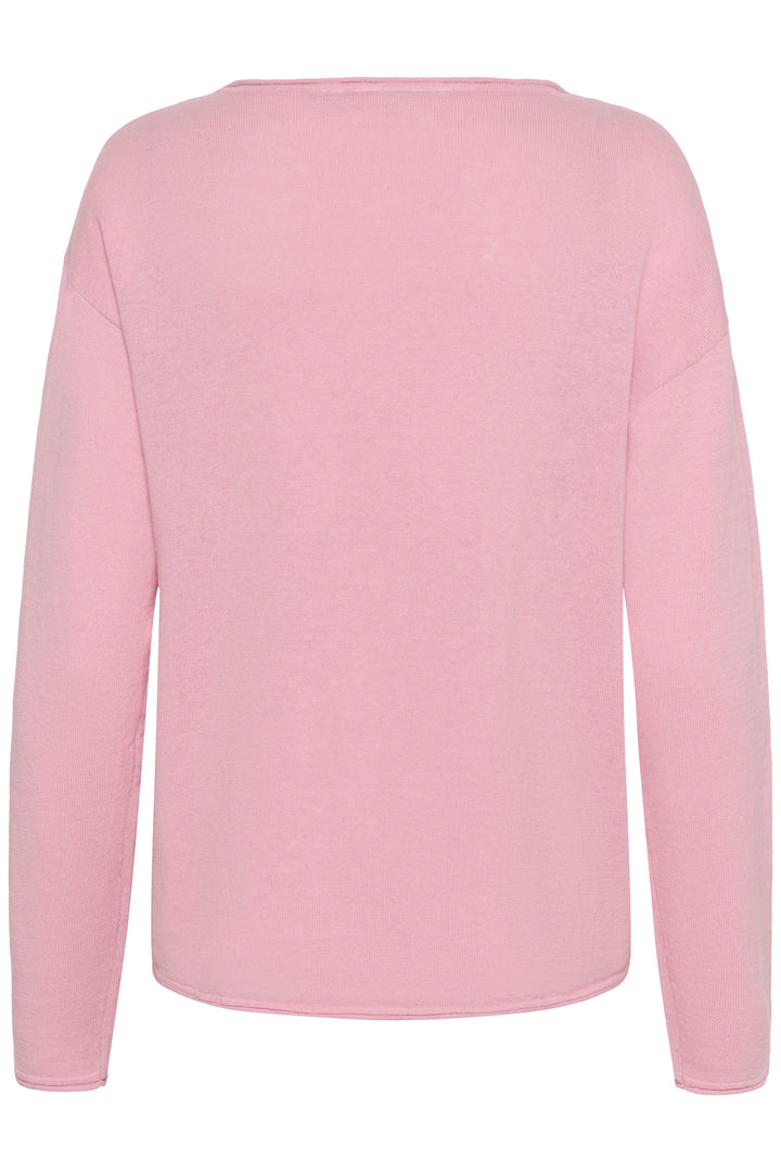 Chandail Romane rose à manches longues avec encolure bateau et coupe décontractée vue de dos, idéal pour un look féminin et moderne.
