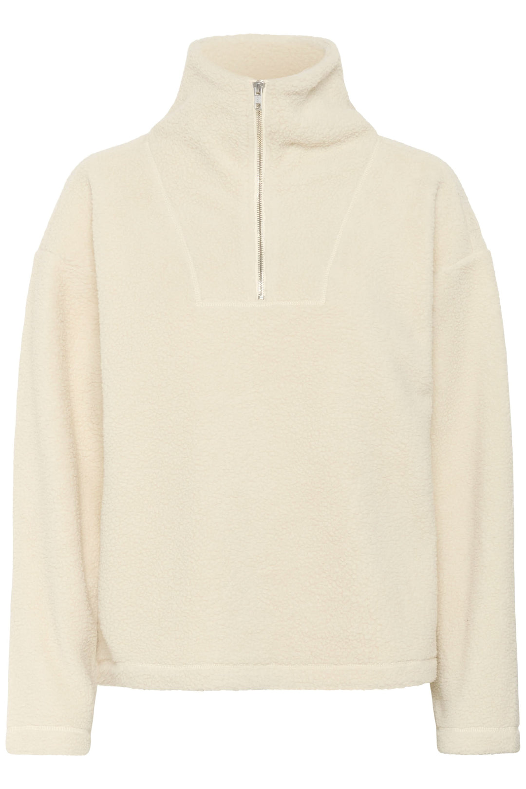 Chandail Sirana en tissu sherpa, col montant zippé, ample et confortable, couleur crème, pour un look décontracté.