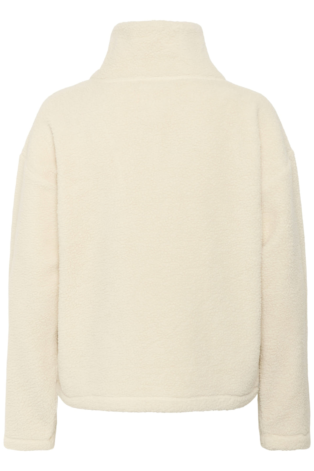 Chandail Sirana en tissu sherpa beige, col montant, coupe ample et confortable, vue arrière.