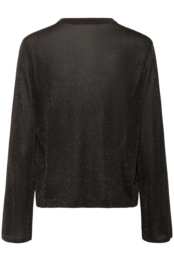 Chandail Thani à effet scintillant avec tissu translucide et manches longues. Décris moi le produit en français pour plus de détails.