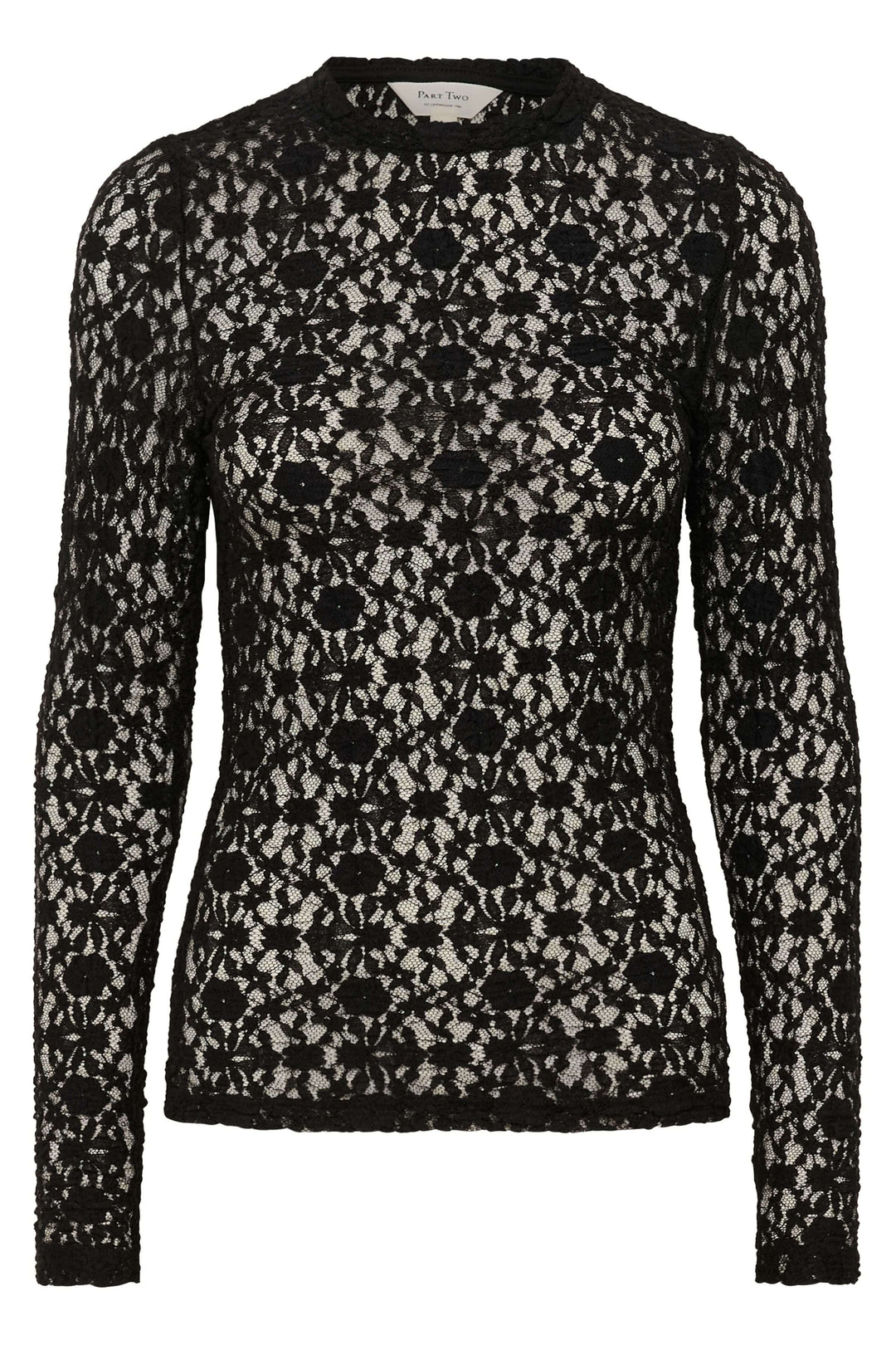 Chandail Venetia transparent en dentelle noir avec manches longues et encolure ronde, élégant et sophistiqué.