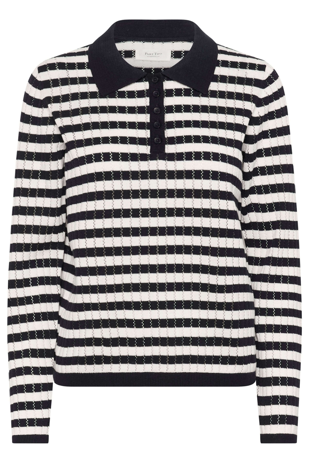 Chandail Zaria rayé en maille avec col polo noir et manches longues pour un style moderne et élégant, coupe droite confortable.