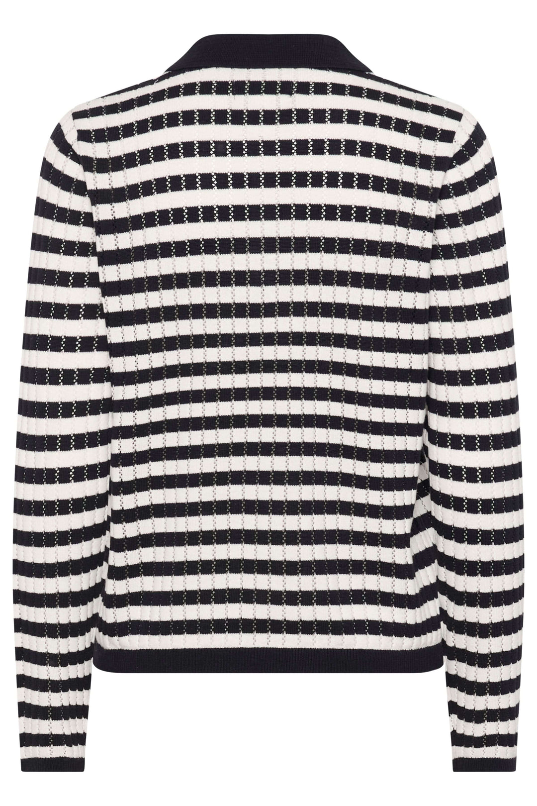 Chandail Zaria en maille rayée noir et blanc avec col polo, manches longues conçu pour un style moderne et élégant. Parfait pour un look décontracté.
