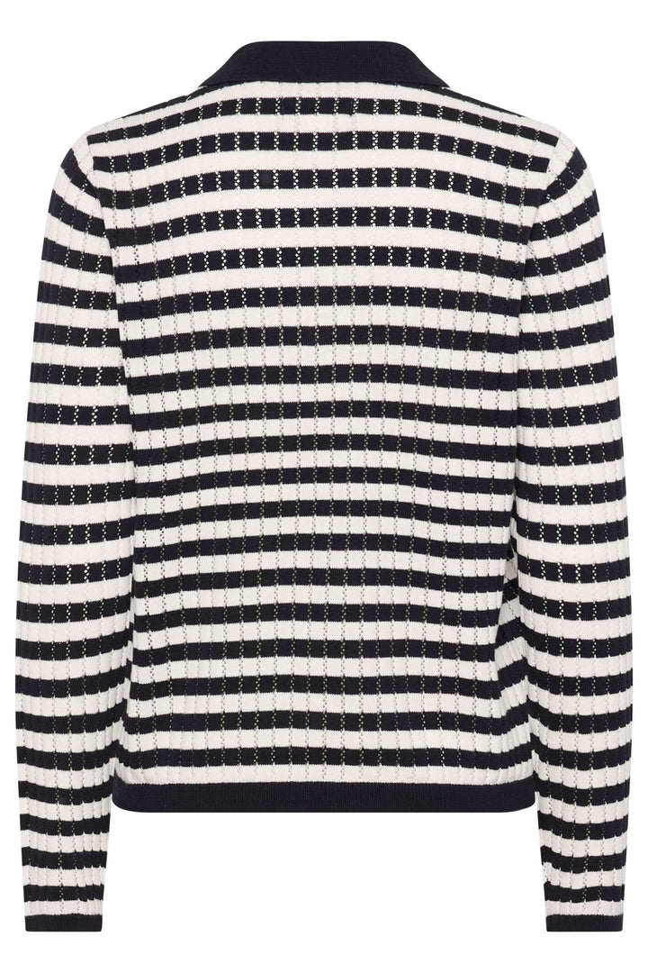 Chandail Zaria en maille rayée noir et blanc avec col polo, manches longues conçu pour un style moderne et élégant. Parfait pour un look décontracté.
