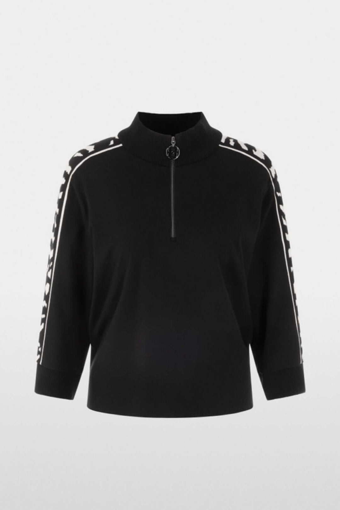 Chandail ample noir avec manches 3/4 et col zippé, bande animalier contrastée, label « Rethink Together ».