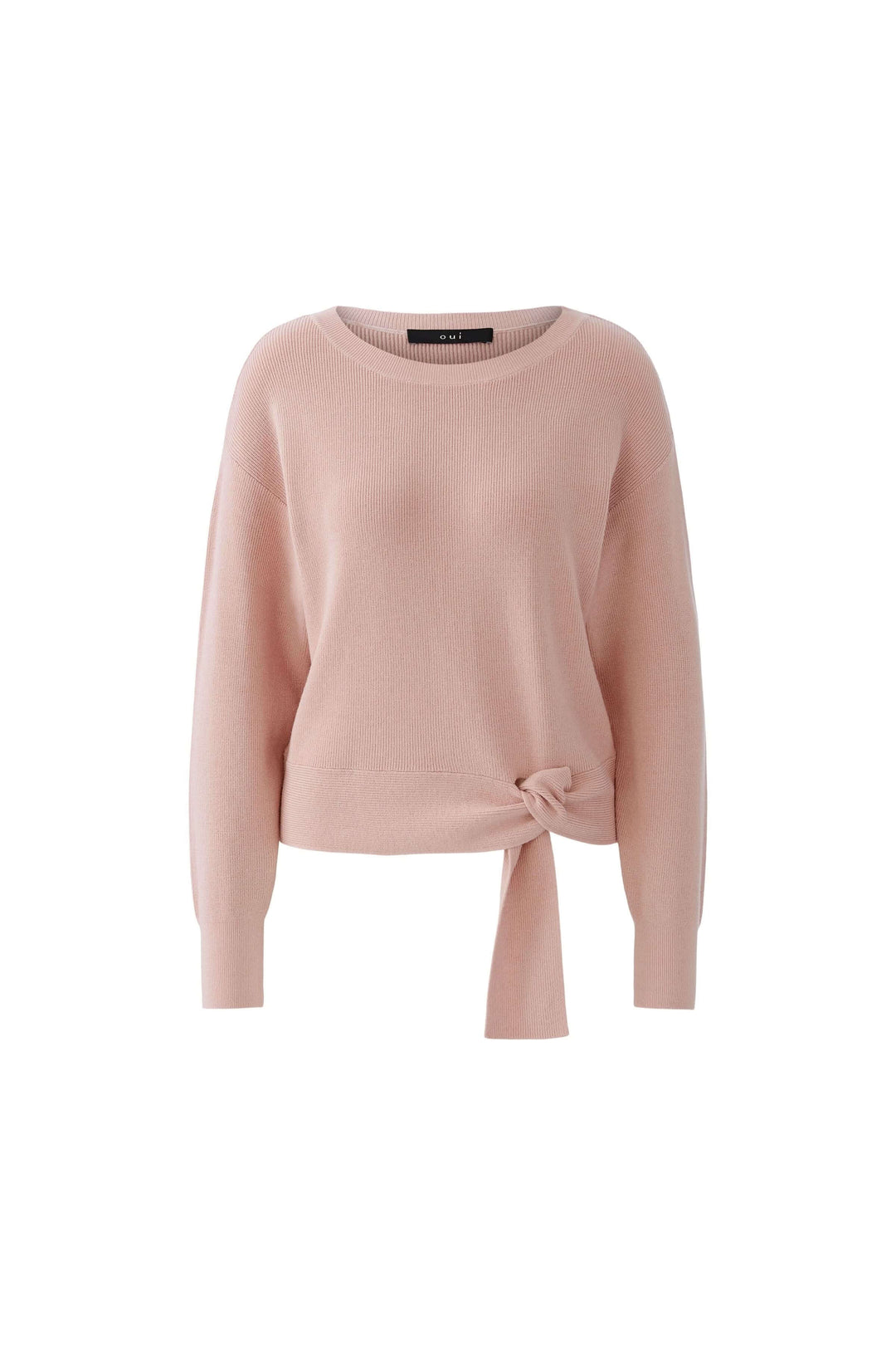 Chandail avec un détail de nœud spécial à l'ourlet, en maille fine rose, coupe décontractée avec encolure ronde.