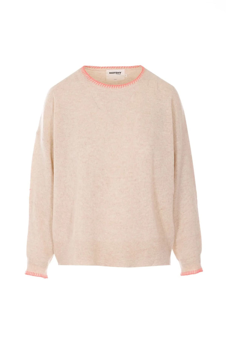 Chandail brodé Charlie en maille beige avec finitions contrastantes, coupe droite et manches longues, idéal pour un look décontracté.