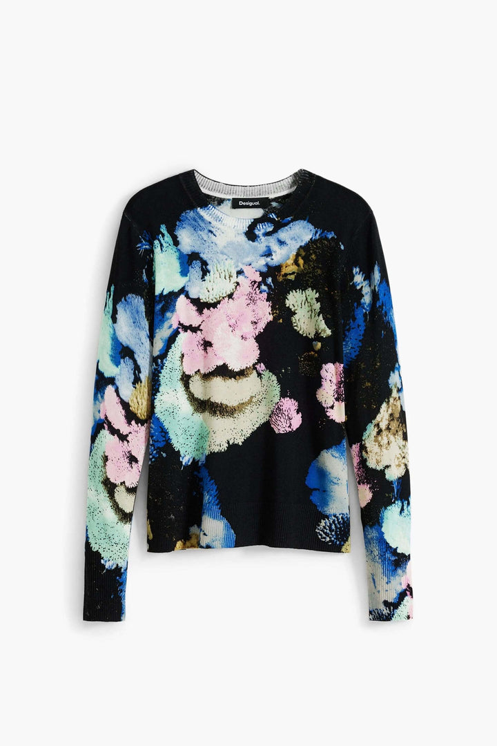 Chandail à col rond avec imprimé floral pictural, coupe près du corps, maille douce, idéal pour une tenue quotidienne expressive.